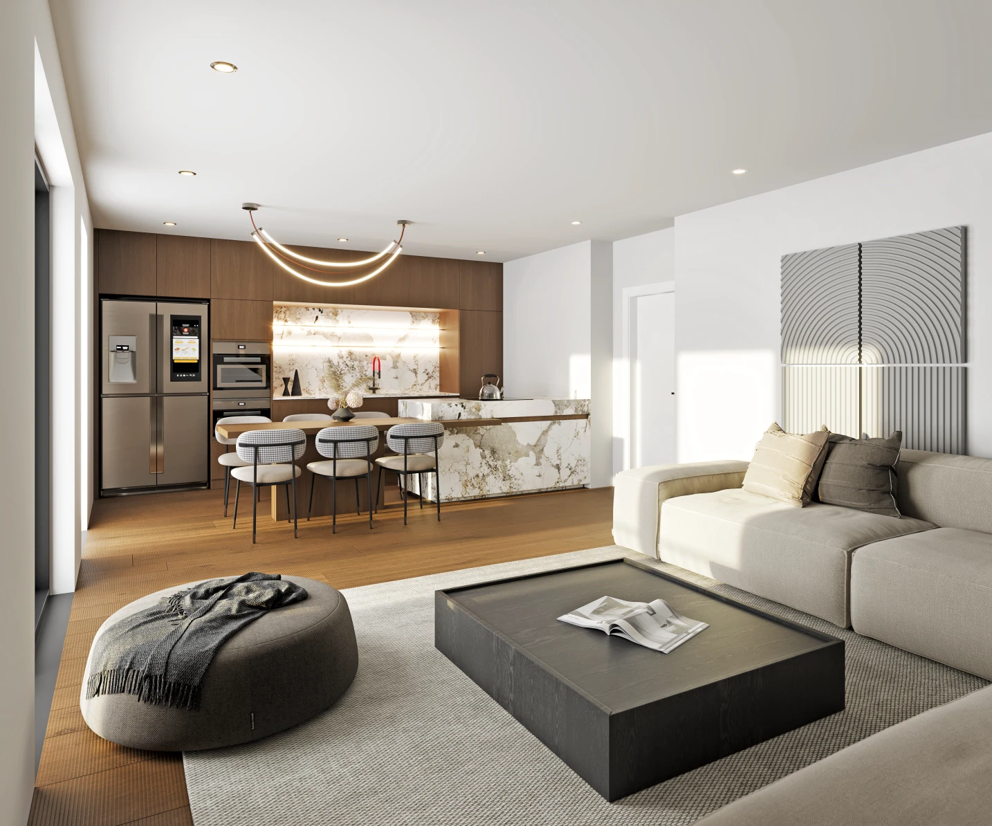 Vizualizace světlého obývacího pokoje s kuchyní