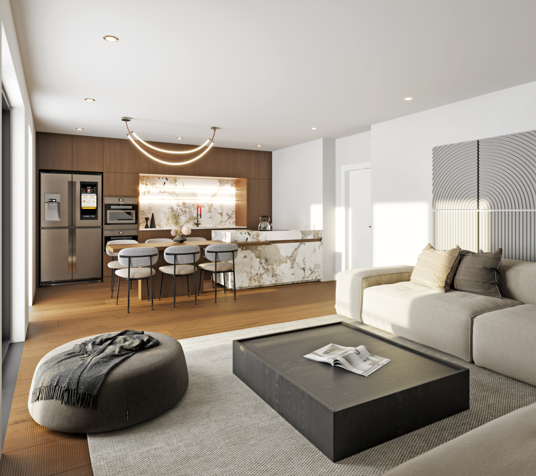 Světlý obytný prostor s kuchyní
